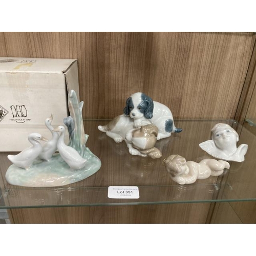 351 - Lladro 4884 hanging Cherub head and 4535 sleeping baby Jesus, NAO duck group (boxed) and pair of Spa... 