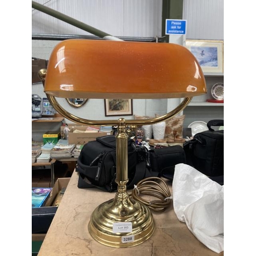 353 - Bankers lamp with amber coloured glass shade