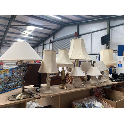 360 - 9 table/ bedside lamps with shades inc. ceramic, alabaster, brass etc.