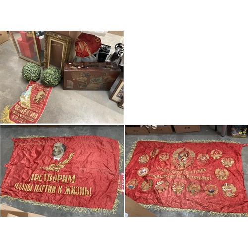 363 - Soviet era Lenin flag & banner, antique gilt frame 39x60cm, antique leather travel case & pair of fa... 