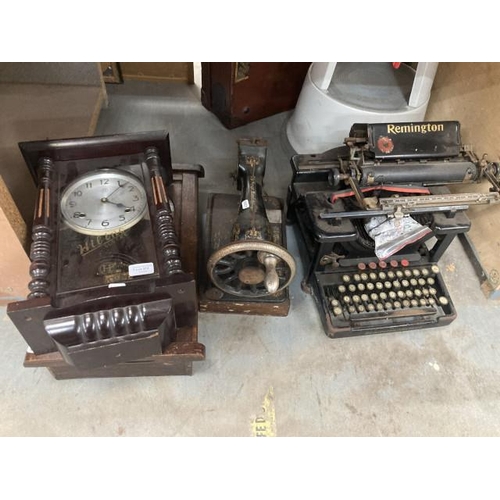 372 - Hibino wall clock, 1930's oak wall clock (both with pendulums, no keys), vintage Remington typewrite... 