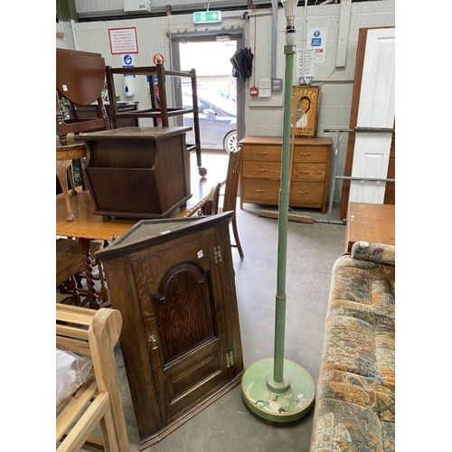 38 - Oak panelled corner cupboard 89H 64W 34D & a hand painted standard lamp 160H