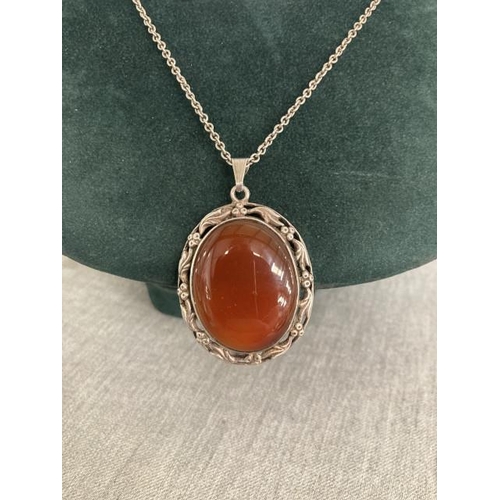 381 - Silver & carnelian pendant on silver neck chain, 46cm long