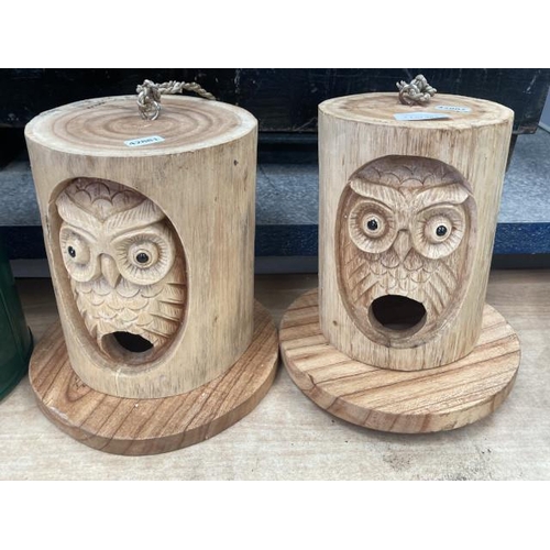 389 - 2 wood carved owl bird boxes