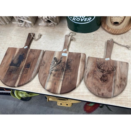 391 - 3 wooden cheese boards - Hardy Bros Finest Fishing Tackle, James Purdy & Sons Side by Side shotguns ... 