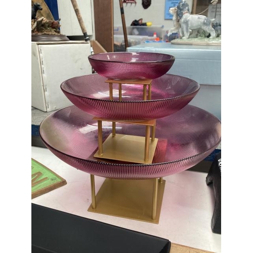 397 - 3 tier pink glass fruit bowl