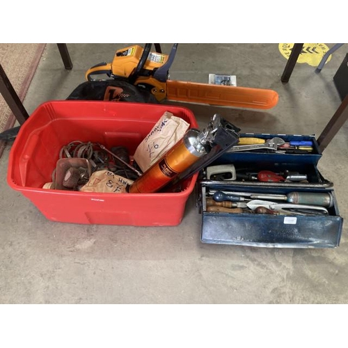 409 - Tool box and contents including hand drill, wrench, screw drivers, hand saw, hammer etc, vintage Swi... 