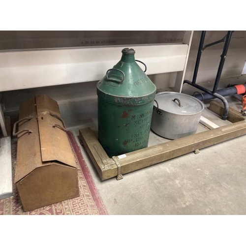 415 - Metal tool box (empty), BP Mineralised Methylated Spirits container/drum (empty), large aluminium li... 