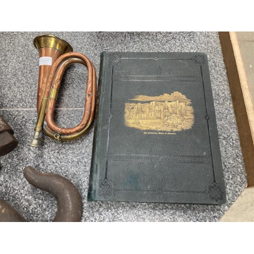 417 - Copper & brass bugle & The Ruined Abbeys Of Britain By Frederick Ross, F.R.H.S. book