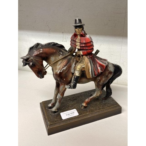 419 - Early 20th century painted Spelter novelty table lighter modelled as Dick Turpin 22H 24W 9D