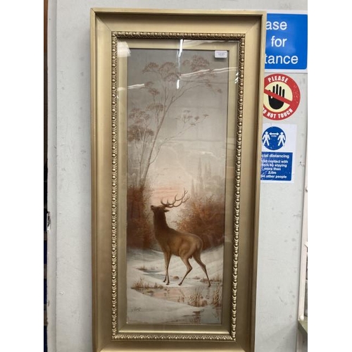 421 - Gilt framed E Vouga (1840-1909) print of a stag 112 x 53cm (crack to glass - top right hand side)