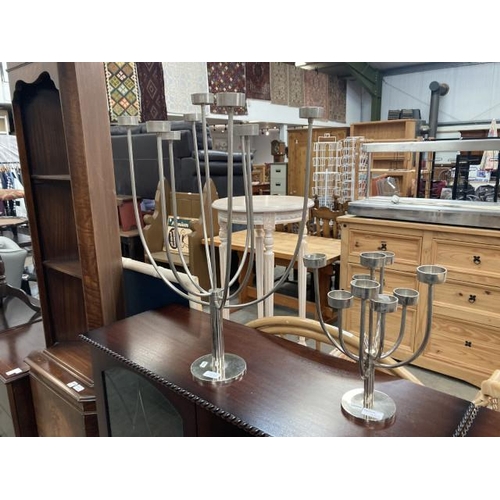 445 - 2 polished steel 9 branch candelabras 30H & 60H