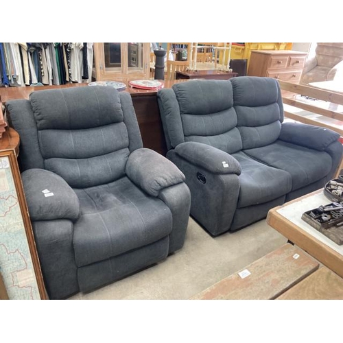 448 - 2 piece grey upholstered manual reclining suite (settee 146W And chair 90W)