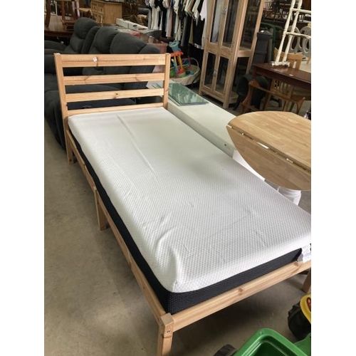 449 - Pine single bed frame 3’ with a memory foam mattress & a pine effect bedside chest