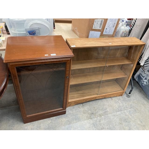 458 - Mid century teak glazed bookcase 84H 89W 24D & a mahogany media cupboard 84H 51W 41D