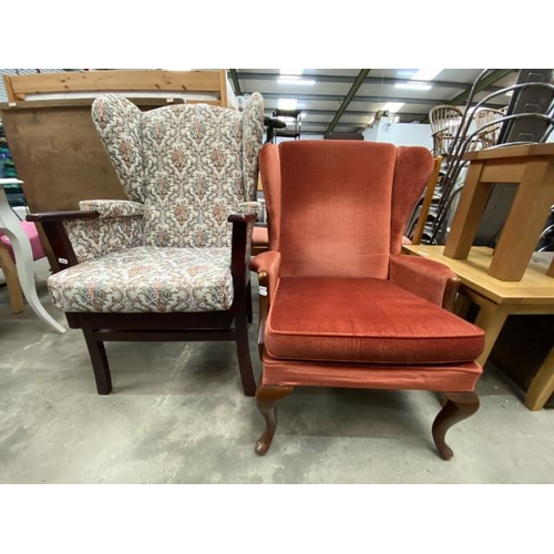 47 - Mid century Parker Knoll wing back armchair 72W & a floral upholstered wing armchair 65W