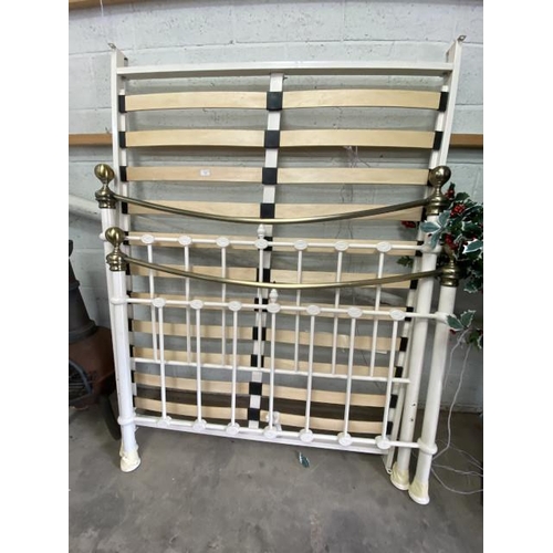 8 - Cream metal Victorian style double bed frame with side rails and lats