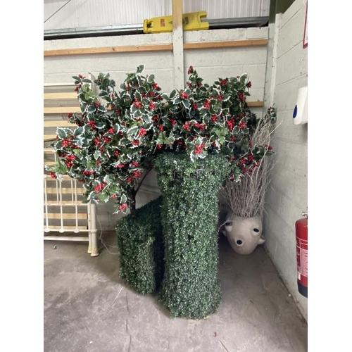 9 - 2 artificial holly trees 200H approx., 2 artificial plinths 60H & 115H etc