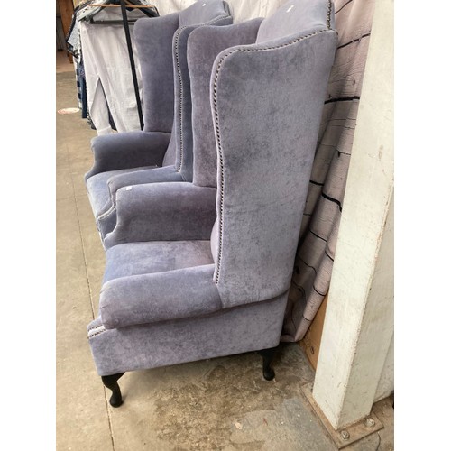 183 - 2 good quality blue/grey brushed cotton high back wing armchairs 134H 82W 60D