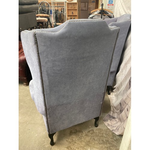 183 - 2 good quality blue/grey brushed cotton high back wing armchairs 134H 82W 60D