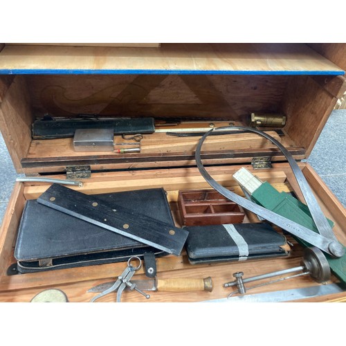 205 - Vintage drawing office chest & equipment containing tools inc. callipers, precision squares, Chester... 