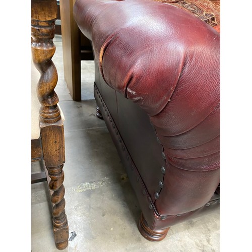 178 - Tetrad burgundy leather settee with scatter cushions 260W (splits into 2 sections) & two urns