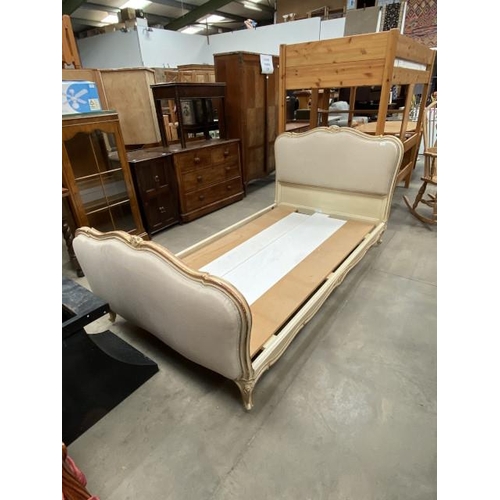 111 - French cream linen 3’6” bed frame with side rails and lats