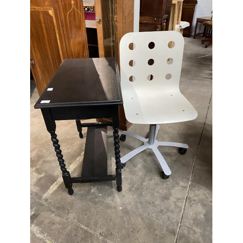 118 - Black painted barley twist occasional table 72H 66W 39D & a white Ikea swivel office chair 58W