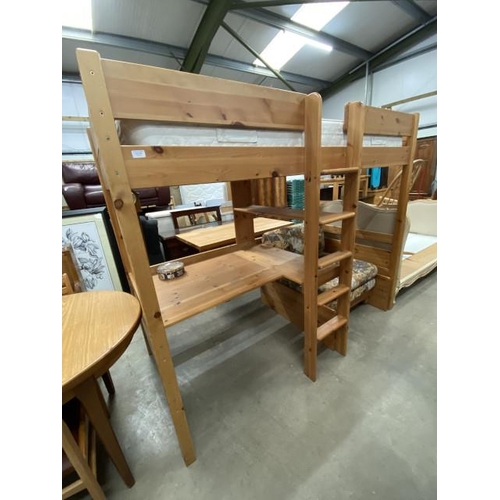 127 - Pine high sleeper bed with desk to underneath (including Myers’s ‘Nova’ mattress 169H 208W 103D