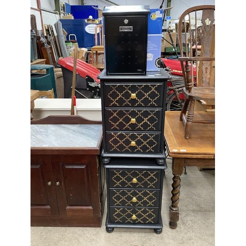 136 - Pair of hand painted pine 3 drawer bedside chests 63H 46W 39D and a black Sterling post box 39H 25W ... 