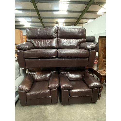 147 - Brown leather 3 piece suite (settee 180W & 2 armchairs 96W)