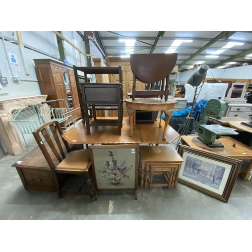 15 - Oak blanket box 48H 91W 50D, oak drop leaf table 74H 48-150W 105D, oak tea trolley 82H 62W 38D etc