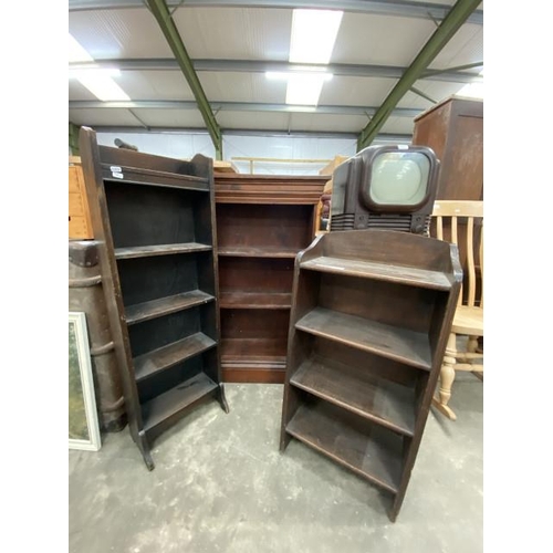 159 - Stained pine bookcase 115H 73W 25D & 2 oak bookcases 92H 45W 23D & 118H 38W 16D