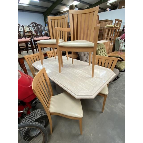 170 - Travertine dining table 74H 160W 90D and 6 beech framed chairs