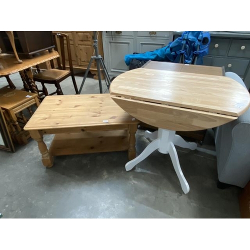 18 - Pine coffee table 48H 88W 58D & a rubber wood drop leaf kitchen table 76H 90W 54-90D