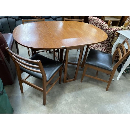 21 - Mid century teak Danish drop leaf table 73H 30-150W 106D and 4 matching chairs