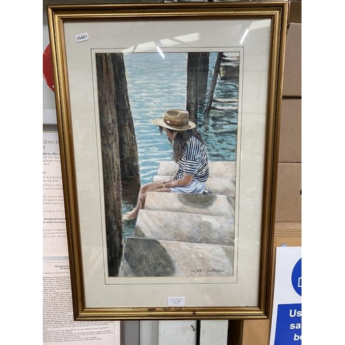 300 - Gilt framed signed Jack T Duffill acrylic 'Waiting For The Boat' 44x64cm