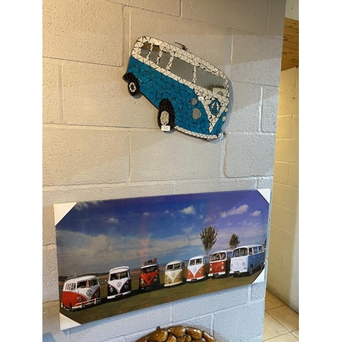 322 - VW camper canvas print 100x50cm & mosaic 'VW Camper' picture 34x50cm (Latter needs attention)