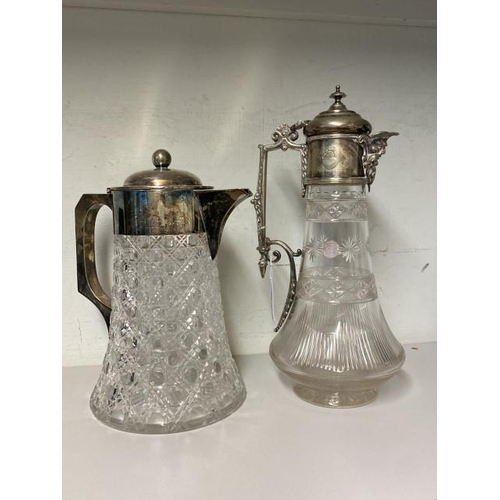 327 - Silver plated & cut crystal water pitcher with ice chamber & 19th century silver plated claret jug