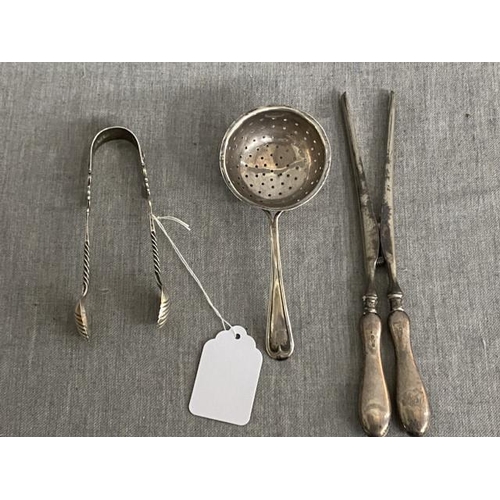 346 - Silver handled glove stretchers, silver Harrison Brothers & Howson, Sheffield 1921 tea strainer 39g ... 