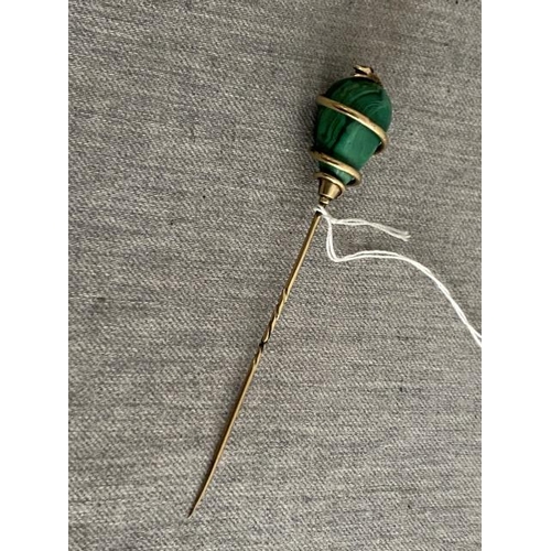 352 - Antique gold tone & malachite snake hair pin, snake with ruby eyes (Believed to be gold but not hall... 