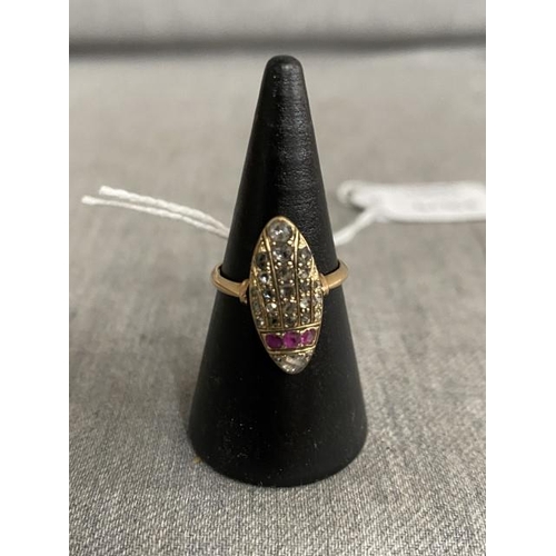 357 - Antique gold tone diamond & ruby set ring, 2.9g (Believed to be gold but no hallmarks, size J)