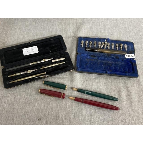 374 - Cased vintage Pelikan Graphos calligraphy set, Parker 'Victory' 14K nib fountain pen, Parker 14K nib... 