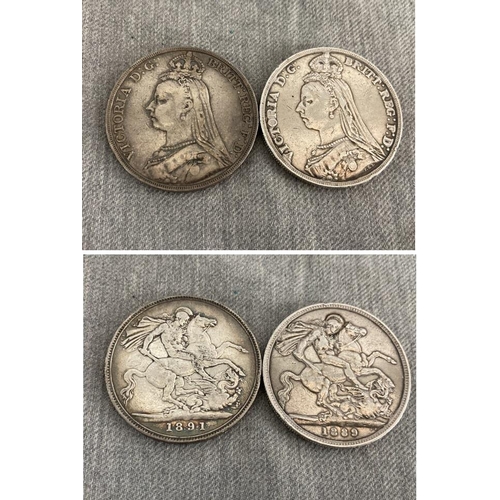 375 - Two silver Queen Victoria crowns 1889 & 1891