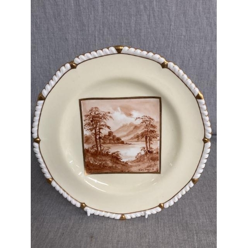 389 - Royal Crown Derby III plate by W.E.J. Dean painted with a castle scene with white & gilt gadroon rim... 