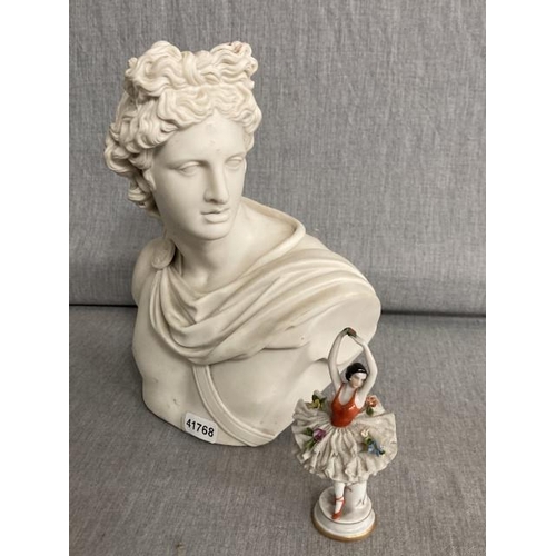 390 - Ceramic bust of the Apollo Belvedere 23H & porcelain Ballerina figurine 11H