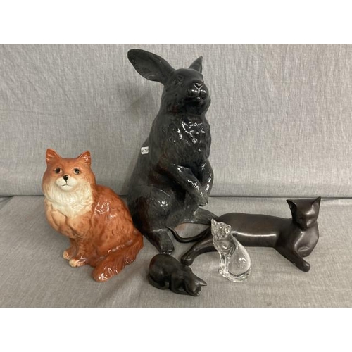 392 - Beswick 'Persian' cat, Maitland bronze lounging cat, Nachtmann glass cat, ceramic rabbit & Moorside ... 