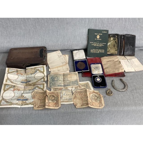 396 - Tin of military ephemera etc., inc. Great Britain Air Ministry Pilot's Certificate & Licence, silver... 