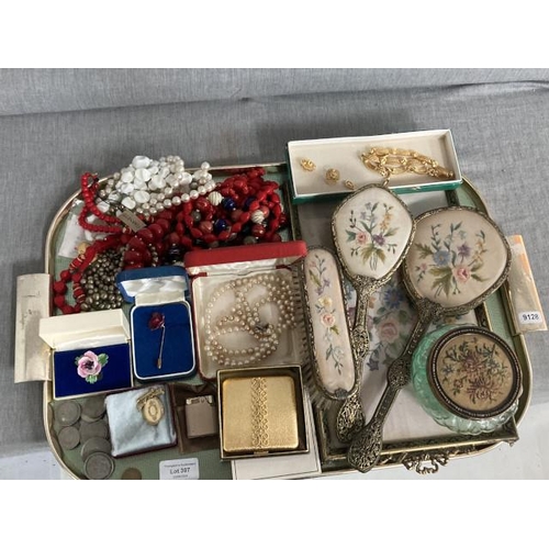 397 - Tray of costume jewellery, petit point dressing table set, Ronson lighter, boxed Avon powder compact... 