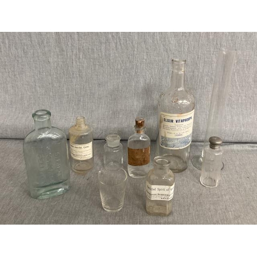 402 - Shelf of vintage apothecary glass bottles etc.